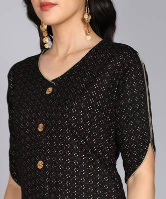 Ftdiva women rayon frontslit printed frontslit kurta in black 5