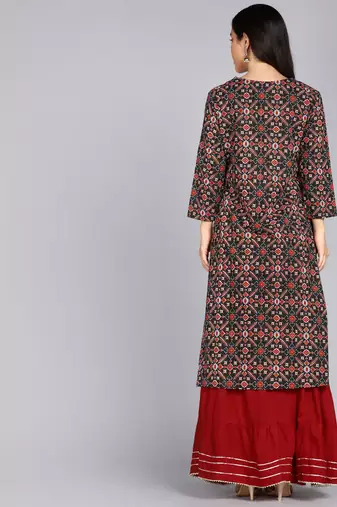 women rayon embroidered printed straight kurta in black