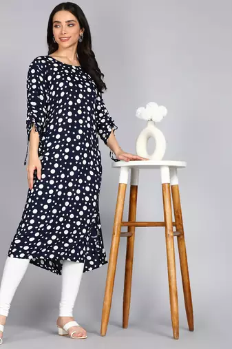 women rayon polka dots printed straight kurta in black
