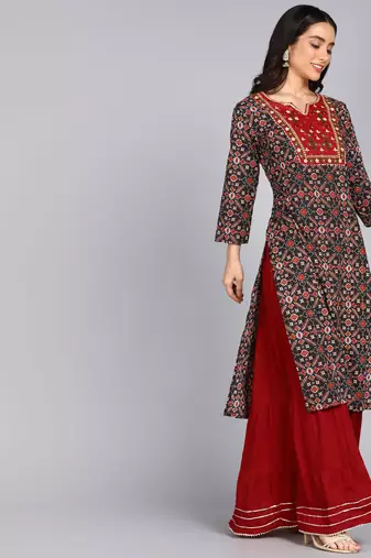 women rayon embroidered printed straight kurta in black