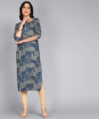 women rayon abstract printed straight kurta in blue 3