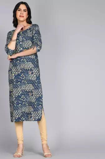 women rayon abstract printed straight kurta in blue