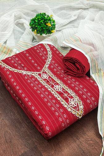 Women's red unstitched designer handwork cotton jacquard dress material 