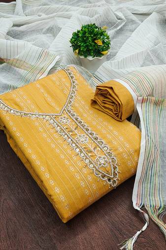 Women's yellow unstitched designer handwork cotton jacquard dress material 