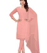 Women's peach unstitched heavy thread embroidery georgette dress material