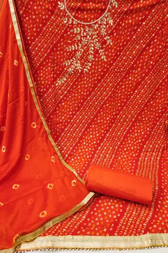Women's light red designer bandhani print blended cotton dress material