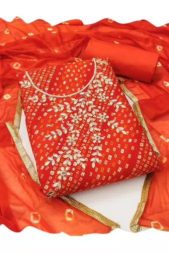 Women's light red designer bandhani print blended cotton dress material