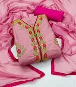 Women's pink unstitched heavy embroidery glass cotton dress material