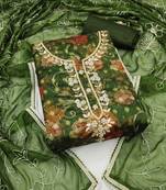 Women's green unstitched designer digital print organza banarasi dress material