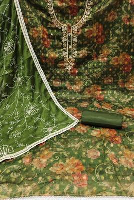 Women's green designer digital print organza banarasi dress material 2
