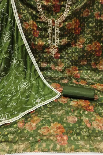 Women's green designer digital print organza banarasi dress material