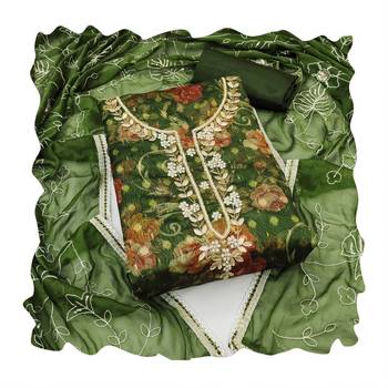 Women's green designer digital print organza banarasi dress material 3