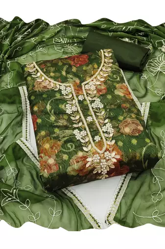 Women's green designer digital print organza banarasi dress material