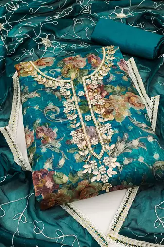 Women's blue unstitched designer digital print organza banarasi dress material 
