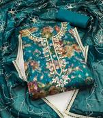 Women's blue unstitched designer digital print organza banarasi dress material