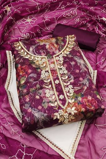 Women's purple unstitched designer digital print organza banarasi dress material 