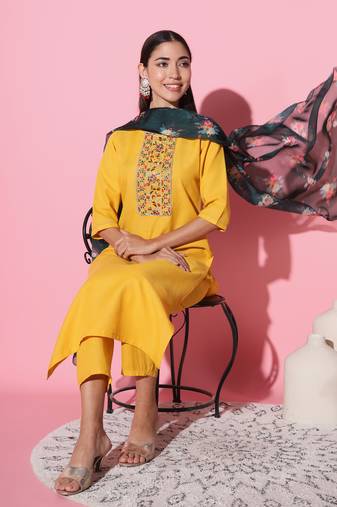 Ruby Cotton Fabric Embroidered work Straight cut Kurta, Pant and Dupatta Set