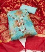 Women's sky blue unstitched designer digital print organza banarasi dress material 