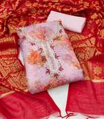 Women's purple unstitched designer digital print organza banarasi dress material