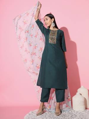 Ruby Cotton Fabric Embroidered work Straight cut Kurta, Pant and Dupatta Set 1