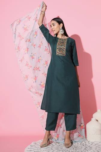 Ruby Cotton Fabric Embroidered work Straight cut Kurta, Pant and Dupatta Set