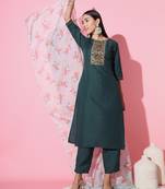 Ruby Cotton Fabric Embroidered work Straight cut Kurta, Pant and Dupatta Set