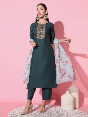 Ruby Cotton Fabric Embroidered work Straight cut Kurta, Pant and Dupatta Set 2