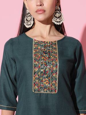 Ruby Cotton Fabric Embroidered work Straight cut Kurta, Pant and Dupatta Set 3