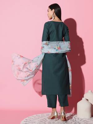 Ruby Cotton Fabric Embroidered work Straight cut Kurta, Pant and Dupatta Set 5