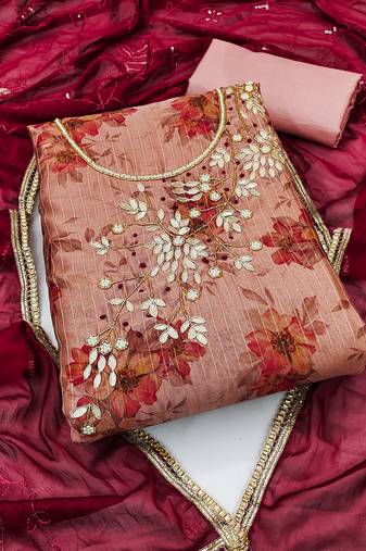 Women's pink unstitched designer digital print modal banarasi dress material 