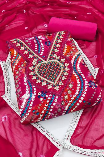 Women's pink unstitched lahariya print jam coton dress material 