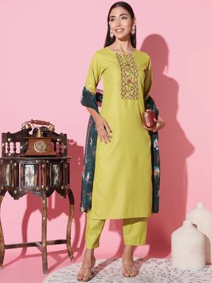Ruby Cotton Fabric Embroidered work Straight cut Kurta, Pant and Dupatta Set 1