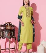 Ruby Cotton Fabric Embroidered work Straight cut Kurta, Pant and Dupatta Set