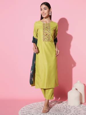 Ruby Cotton Fabric Embroidered work Straight cut Kurta, Pant and Dupatta Set 3