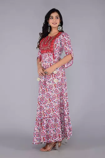 women rayon embroidery paisley print anarkali kurta in multicolor