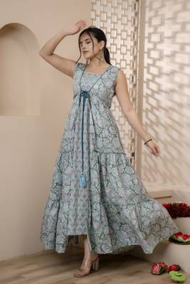 women rayon block printed frontslit anarkali kurta in lite blue 5