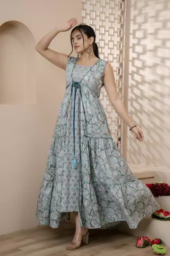 women rayon block printed frontslit anarkali kurta in lite blue