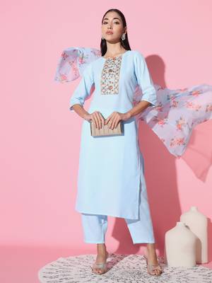 Ruby Cotton Fabric Embroidered work Straight cut Kurta, Pant and Dupatta Set 1