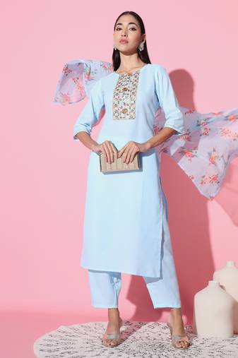 Ruby Cotton Fabric Embroidered work Straight cut Kurta, Pant and Dupatta Set