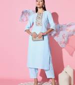 Ruby Cotton Fabric Embroidered work Straight cut Kurta, Pant and Dupatta Set