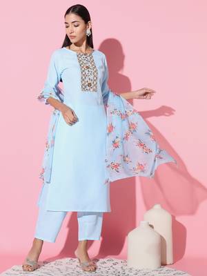 Ruby Cotton Fabric Embroidered work Straight cut Kurta, Pant and Dupatta Set 2