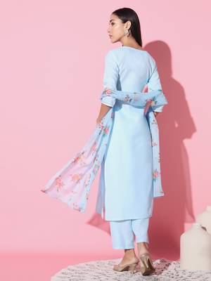 Ruby Cotton Fabric Embroidered work Straight cut Kurta, Pant and Dupatta Set 3