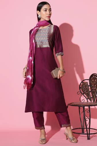 Chinon Fabric Embroidered work Straight cut Kurta, Pant and Dupatta Set