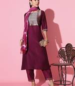Chinon Fabric Embroidered work Straight cut Kurta, Pant and Dupatta Set