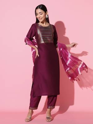 Chinon Fabric Embroidered work Straight cut Kurta, Pant and Dupatta Set 2