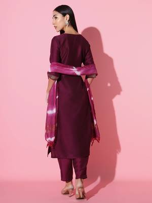 Chinon Fabric Embroidered work Straight cut Kurta, Pant and Dupatta Set 3