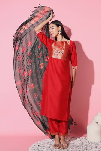 Chinon Fabric Embroidered work Straight cut Kurta, Pant and Dupatta Set