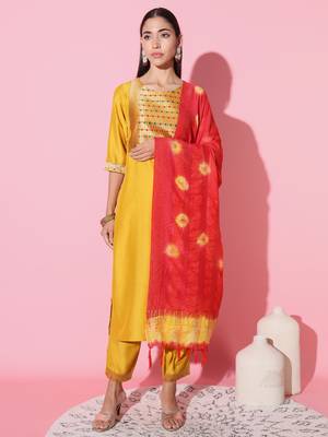 Chinon Fabric Embroidered work Straight cut Kurta, Pant and Dupatta Set 1