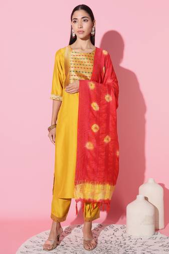 Chinon Fabric Embroidered work Straight cut Kurta, Pant and Dupatta Set
