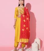 Chinon Fabric Embroidered work Straight cut Kurta, Pant and Dupatta Set